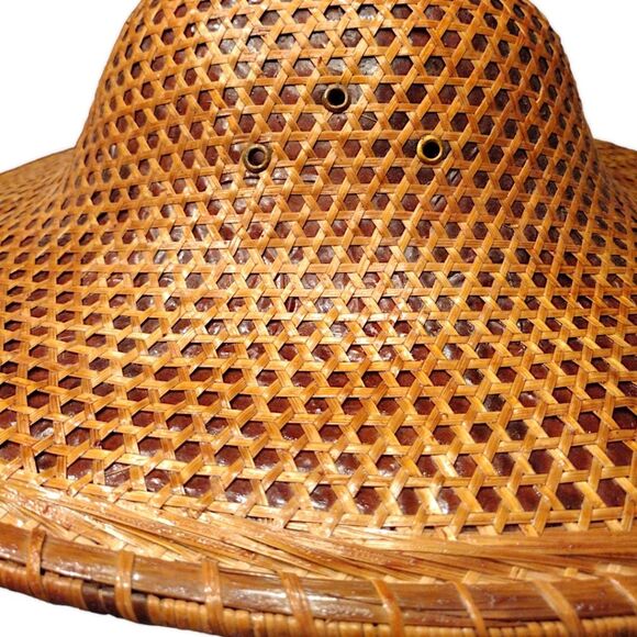 Asian Woven Coolie Rice Paddy Bamboo Rattan Handmade Woven Hat Vintage Antique